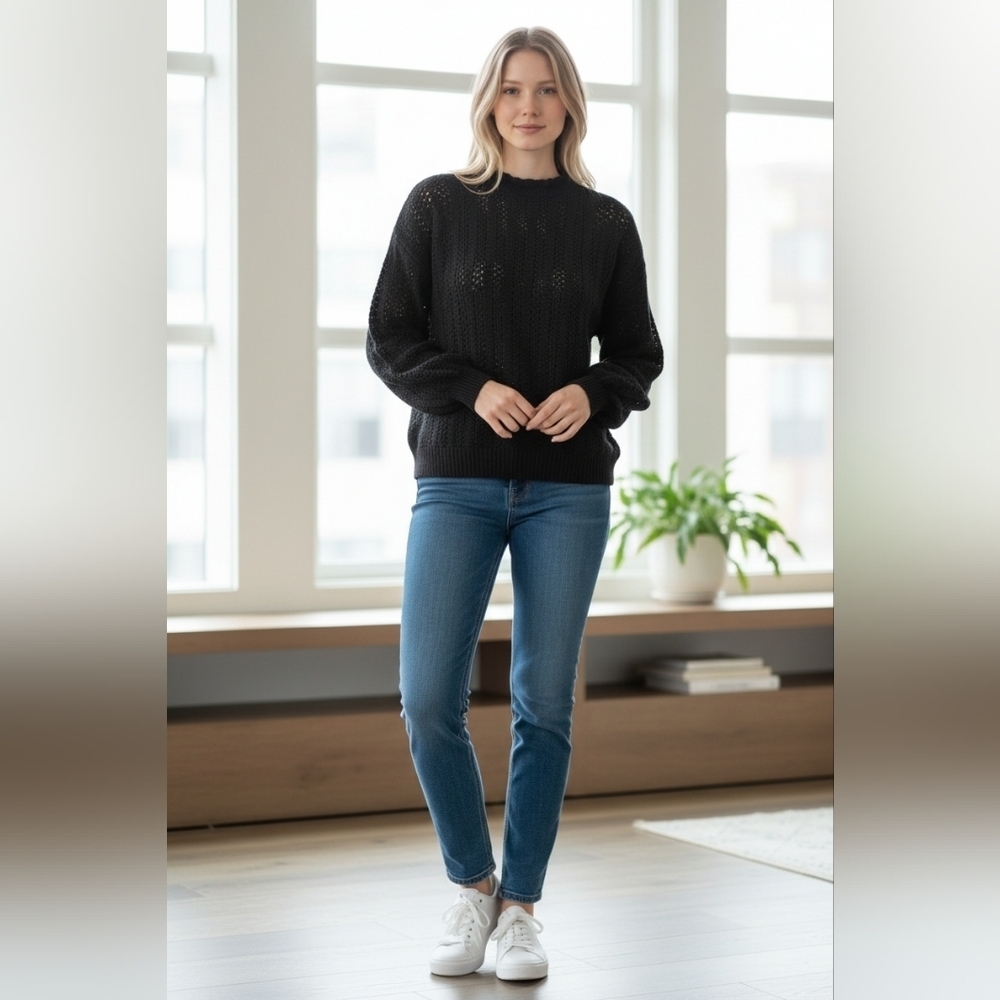 a.n.a Black Open Knit Lightweight Sweater XL
